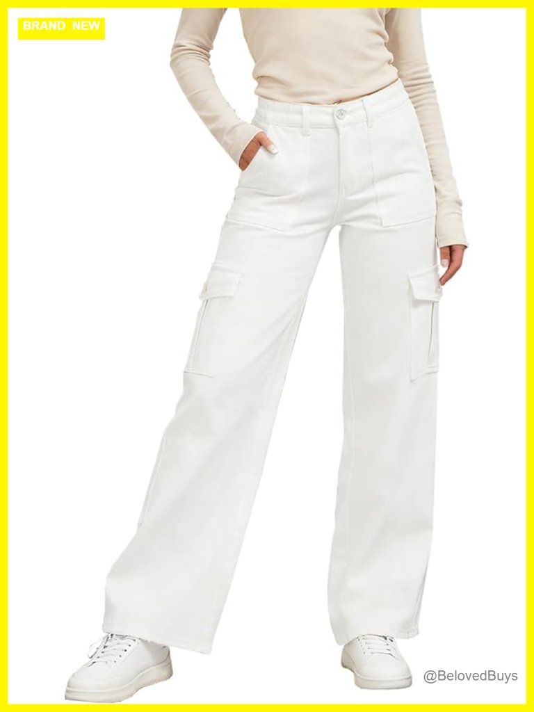 High Waisted Cargo Jeans Wide Leg Stretch Denim Pants Streetwear
